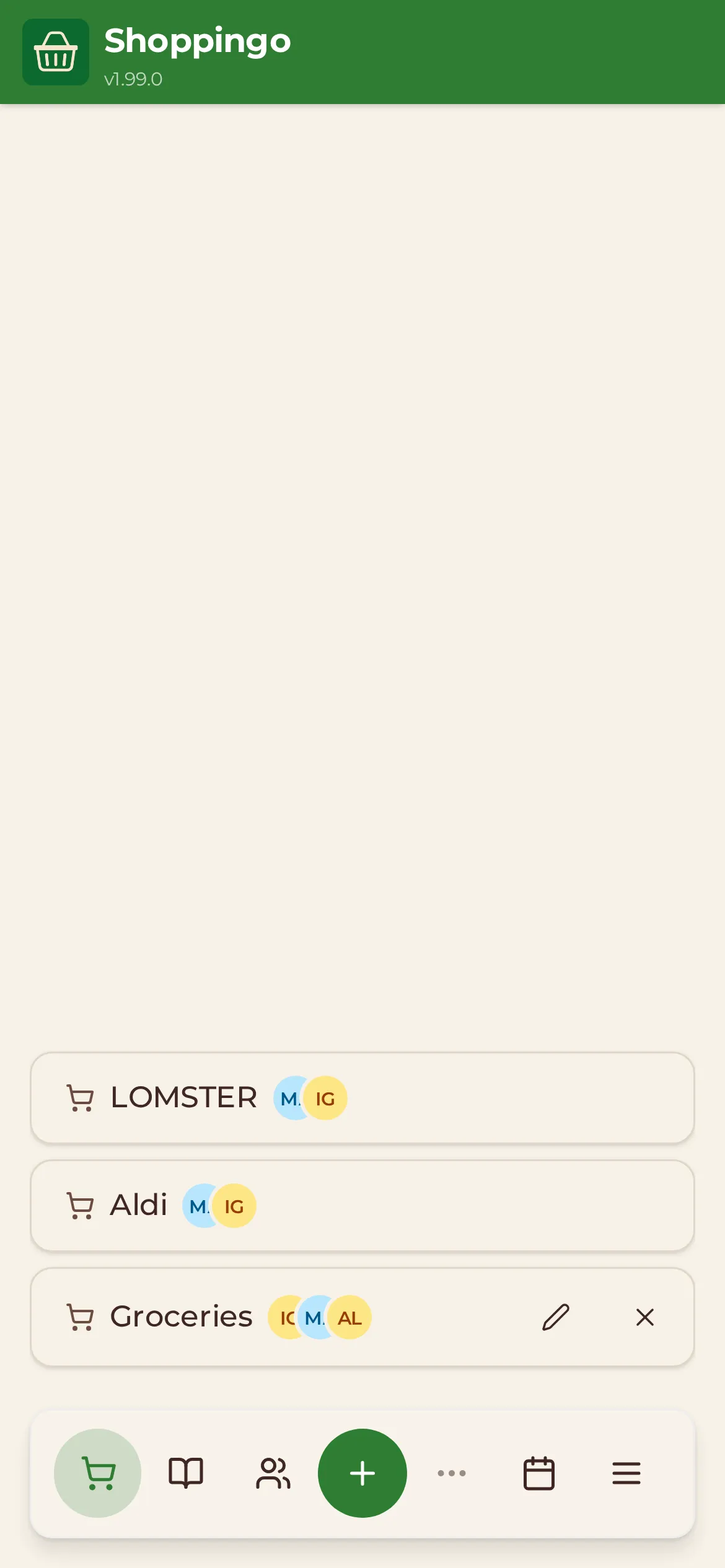 Three shared shopping lists in Shoppingo, each showing the initials of the people it is shared with.