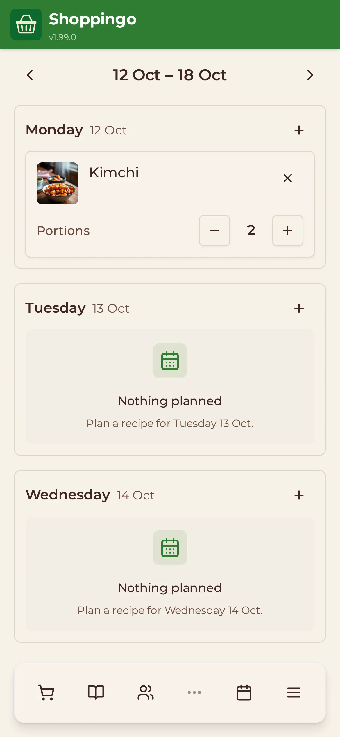 A weekly meal plan in Shoppingo, with Kimchi planned for Monday at two portions.